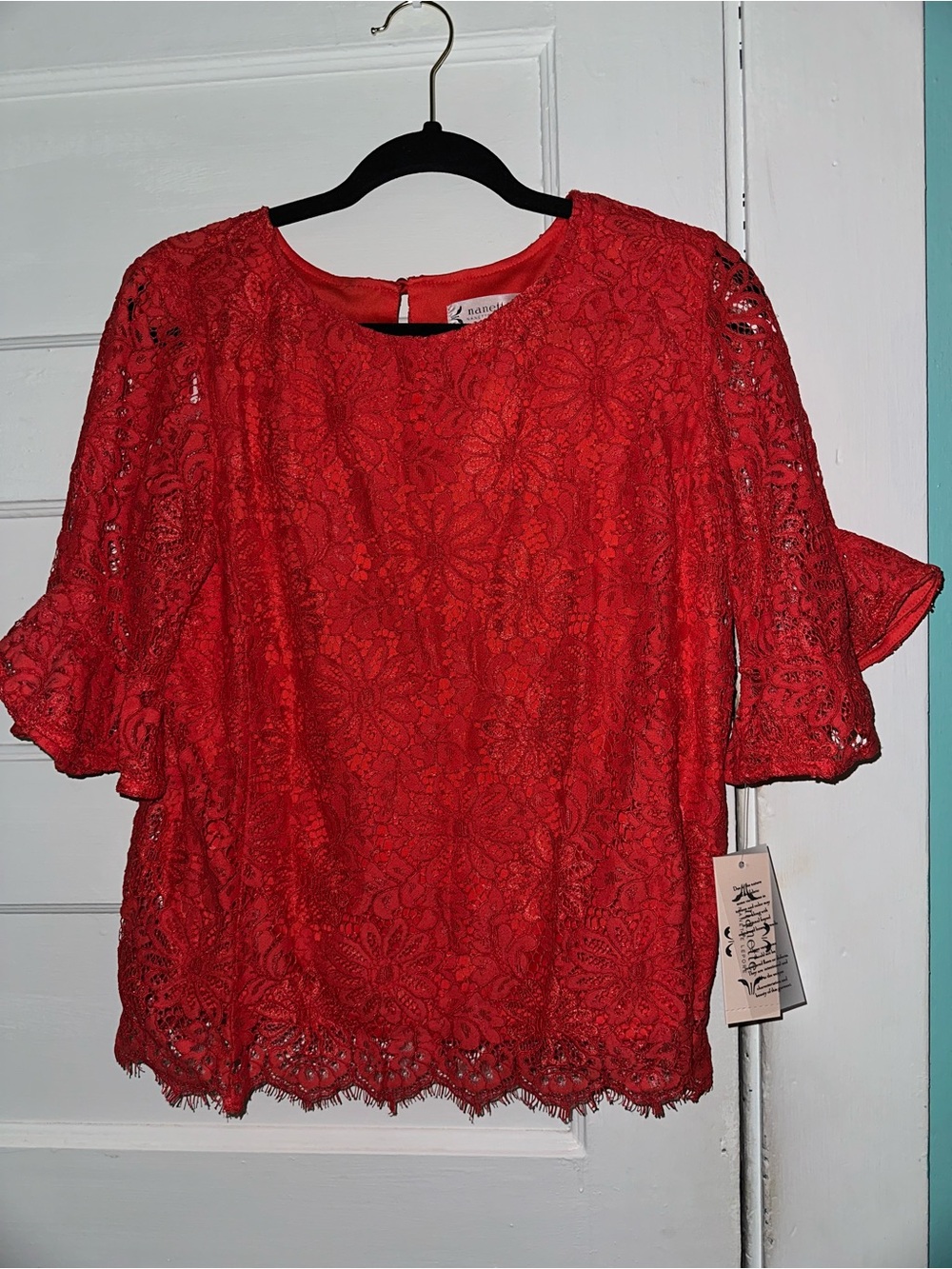 Nanette Lepore Red Lace Flutter Sleeve Top
